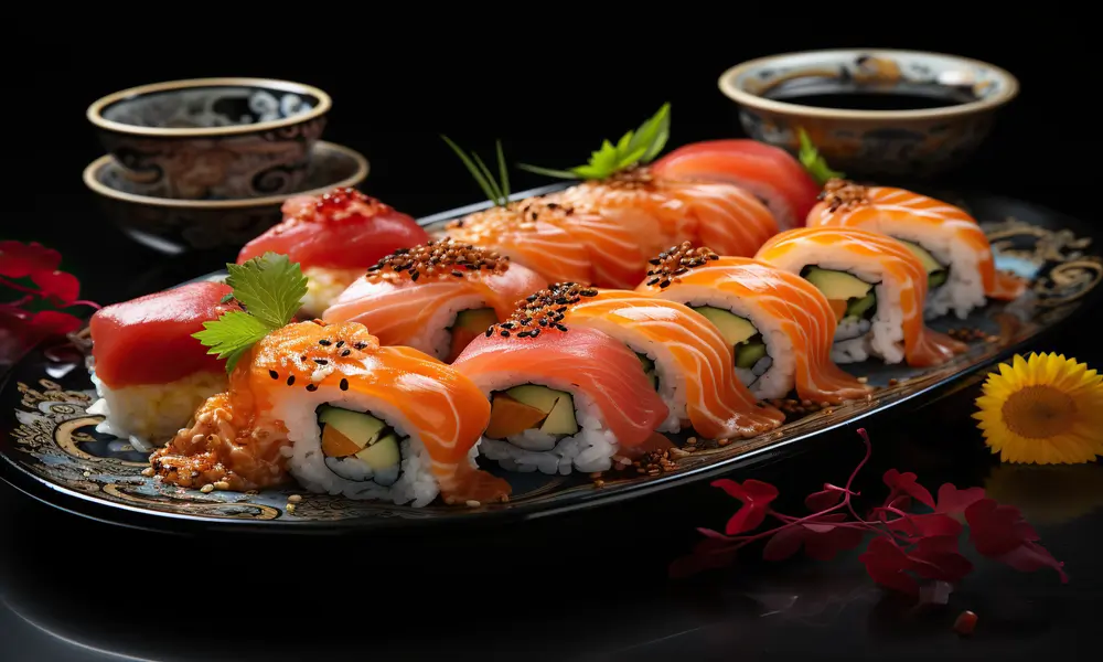 AURA-Restaurant-Asian-Restaurant-Sushi-Platter-Santa-Barbara Assorted fresh sushi on an elegant platter at AURA-Restaurant, a Asian Restaurant in Santa Barbara.